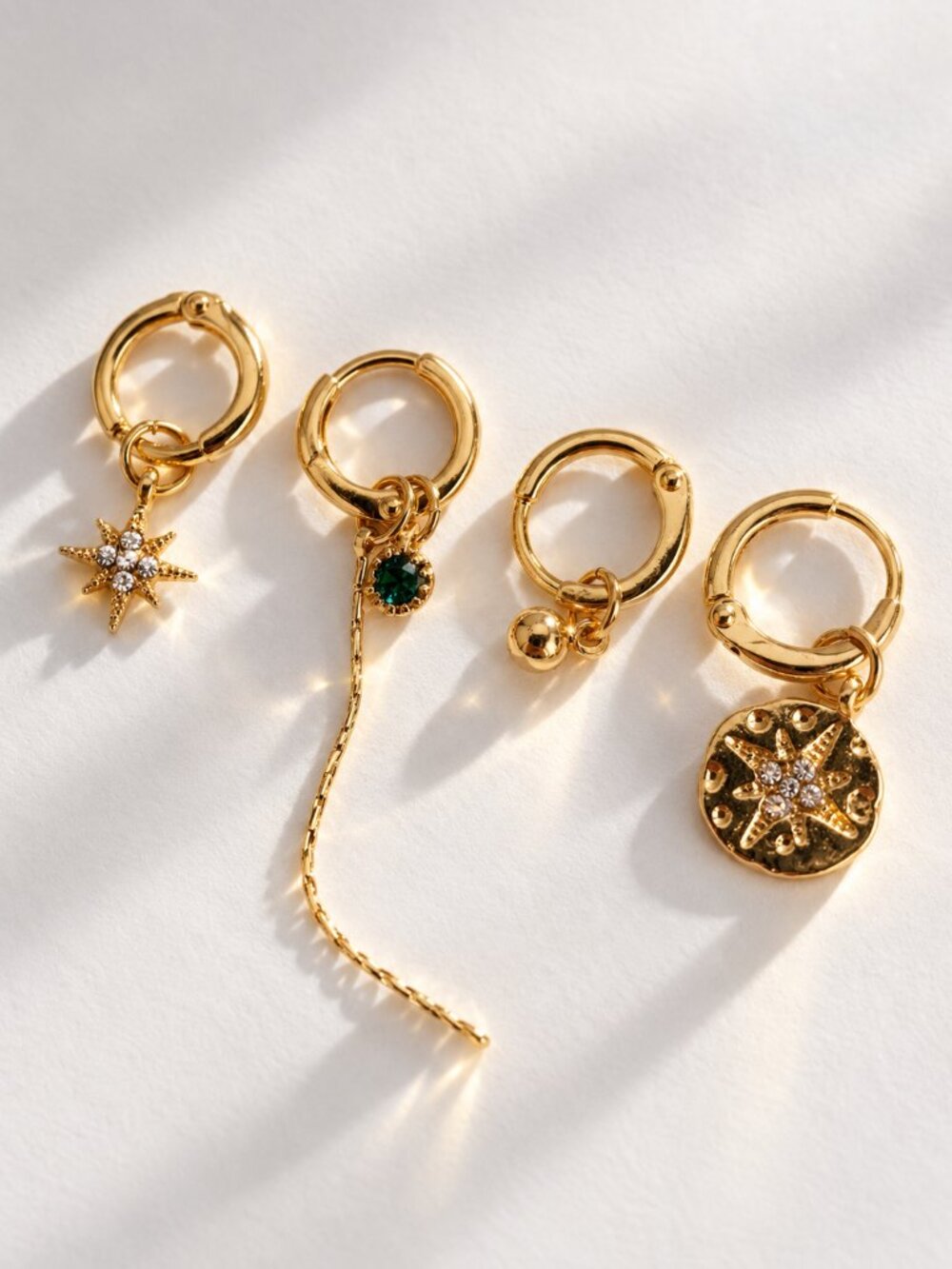 18k Gold Celestial Starburst Charm Hoop Earrings Set MOS COLLECTION